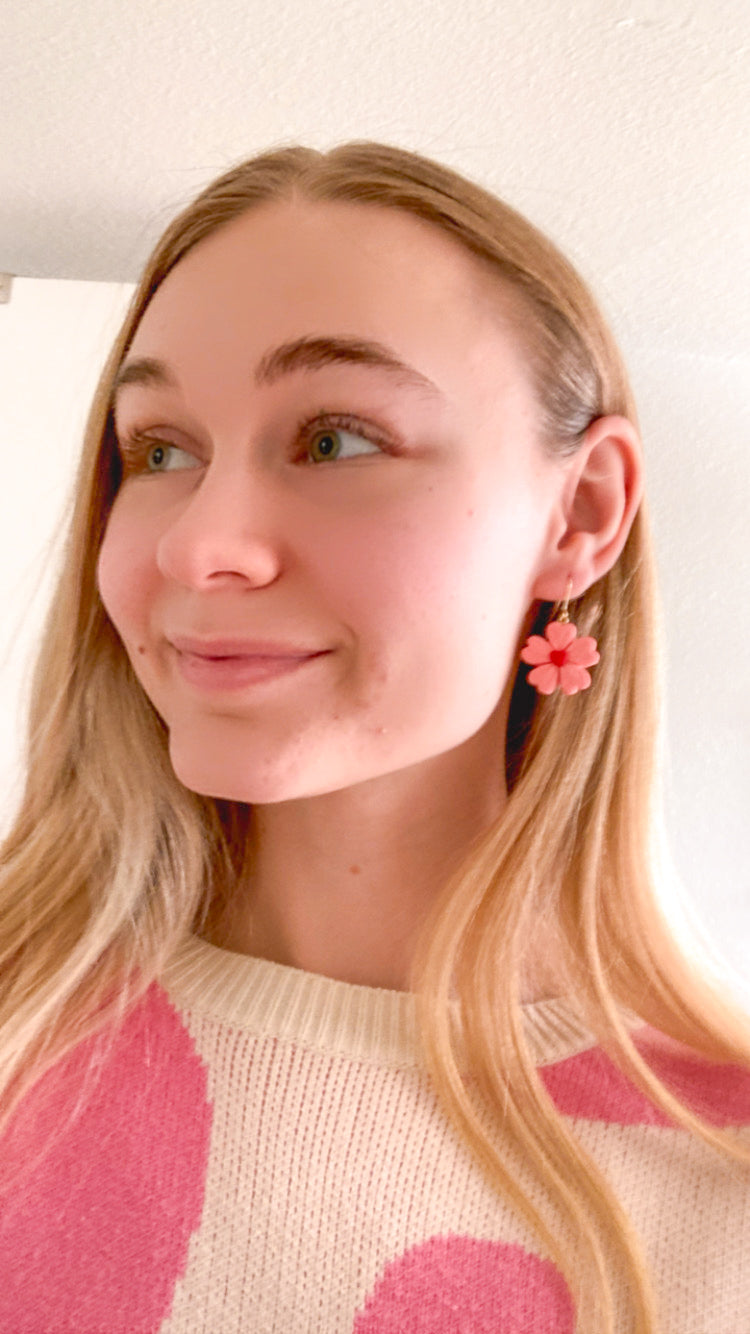 Pink Heart Flower Clay Earrings (Made to Order)