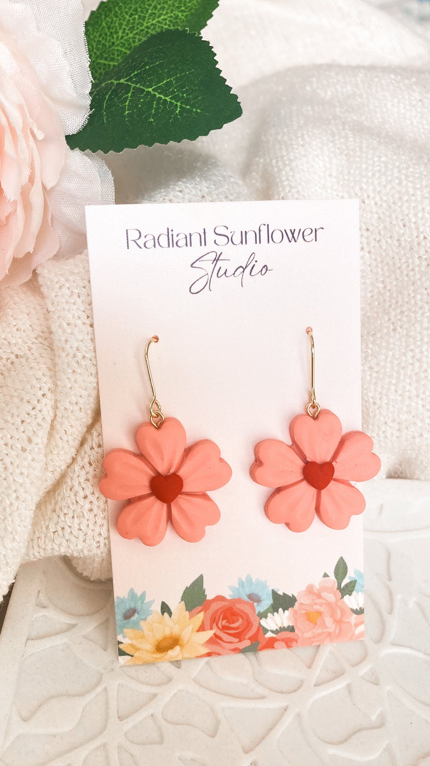 Pink Heart Flower Clay Earrings (Made to Order)