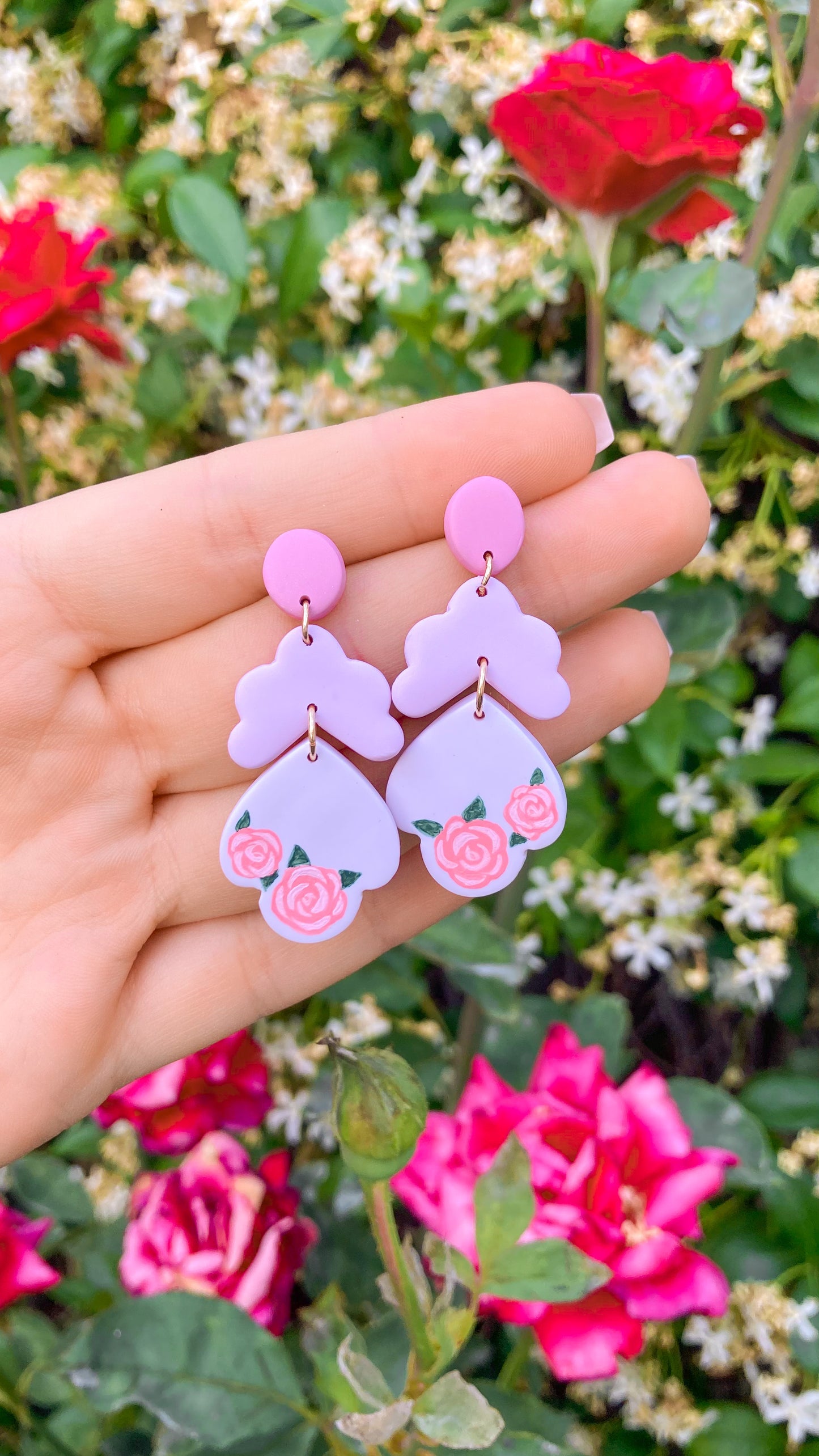 Hand-Painted Rose Tiered Clay Earrings