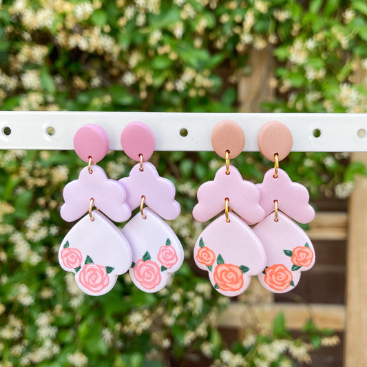 Hand-Painted Rose Tiered Clay Earrings