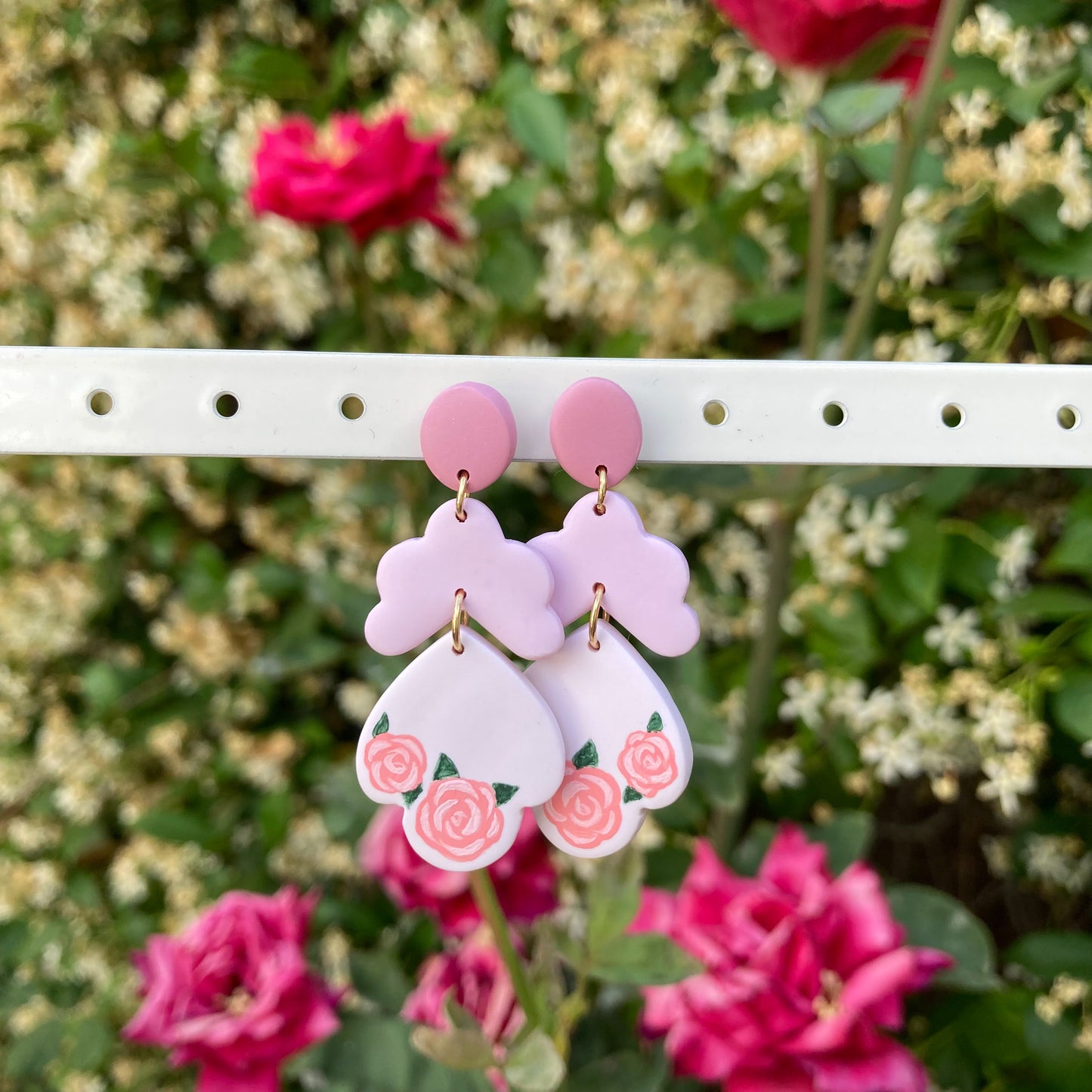 Hand-Painted Rose Tiered Clay Earrings