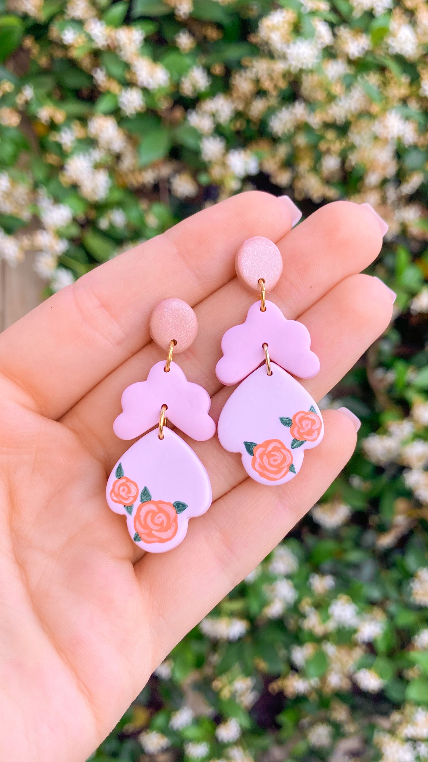 Hand-Painted Rose Tiered Clay Earrings