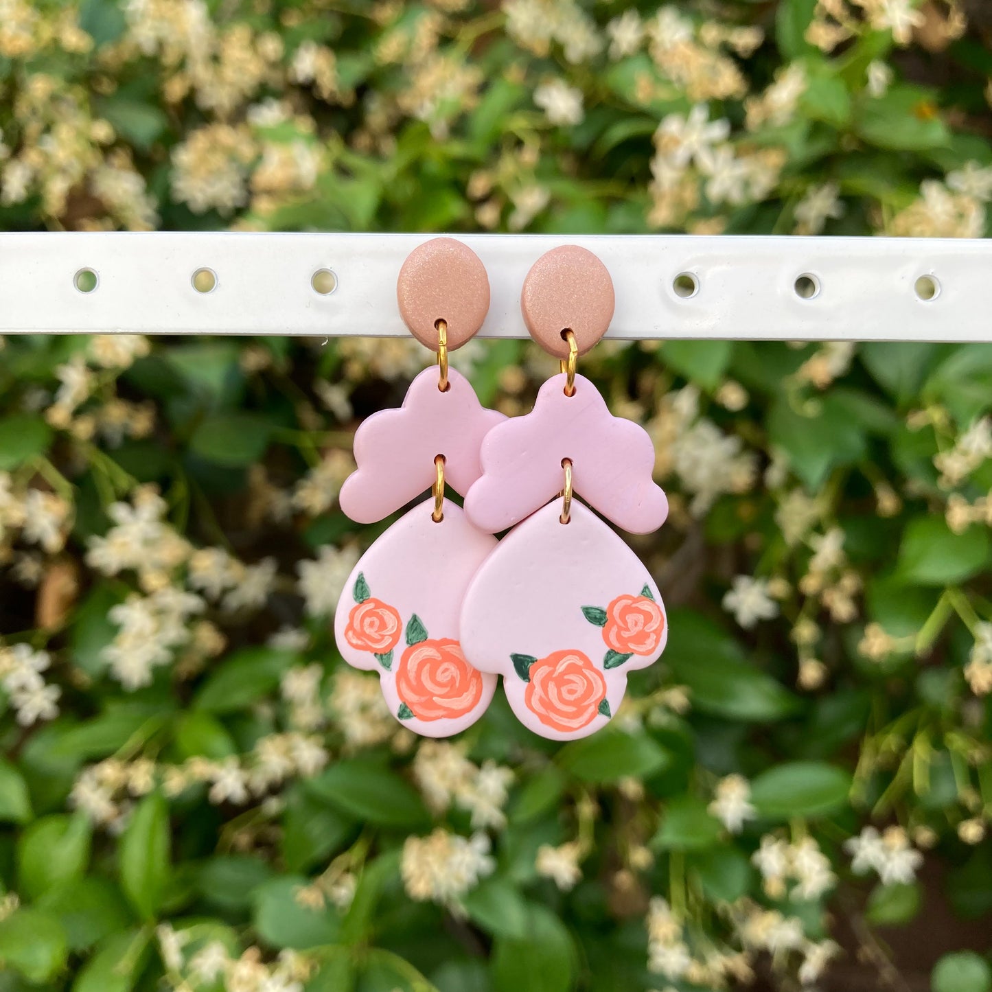 Hand-Painted Rose Tiered Clay Earrings